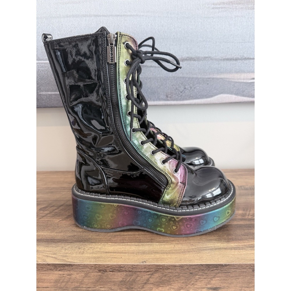 Demonia Emily 350 2" Rainbow Platform Mid Calf Black Goth Combat Boots Size 9